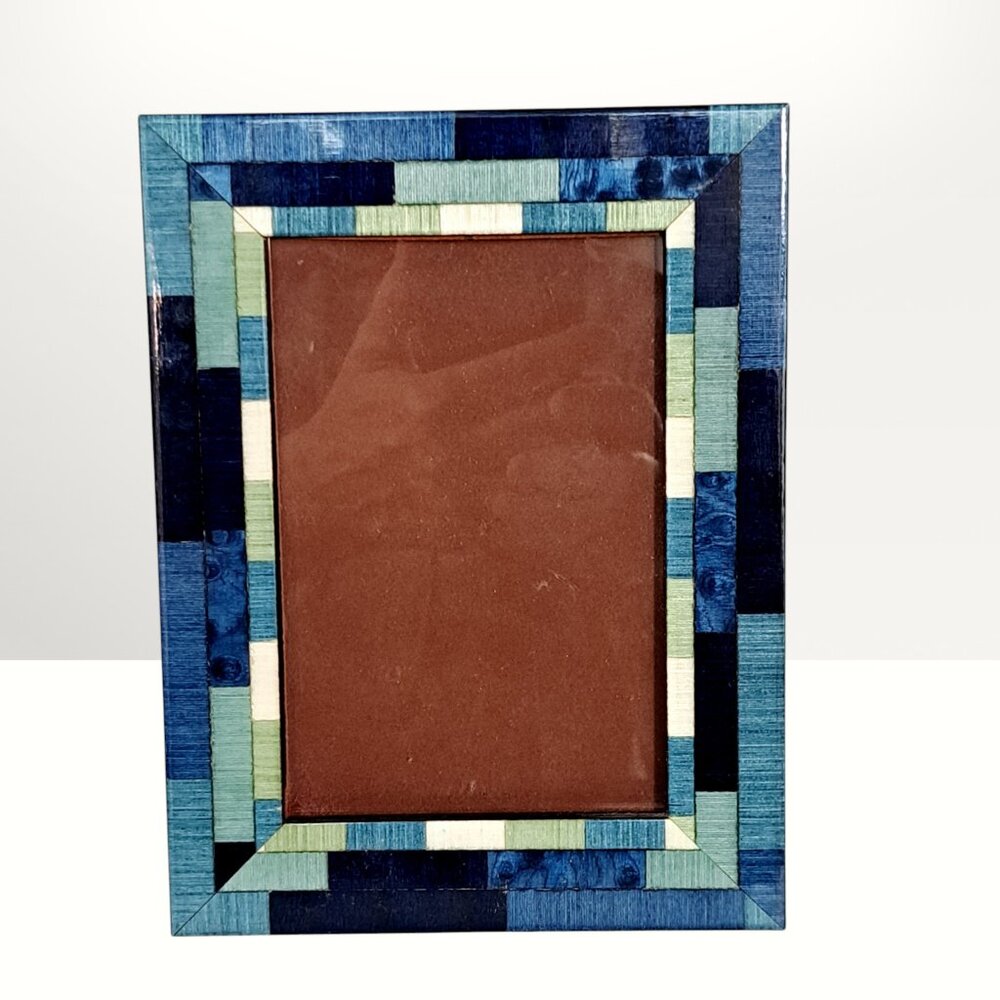 Natalini Italy Blue Wood Marquetry Inlay Frame 4x6 Geometric Mosaic Patchwork - Picture 13 of 13